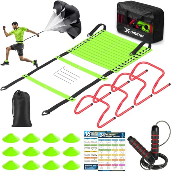 Agility Ladder Speed Training Equipment Set-20ft Agility Ladder,12 Soccer Cones,4 Hurdles, Jump Rope, Running Parachute| Basketball Football Soccer Training Equipment for Kids...