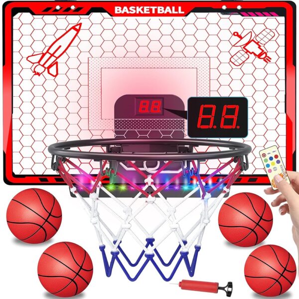 Awsoo Basketball Hoop Indoor for Kids，Mini Basketball Hoop with Colorful Light Bar，Scoreboard& 4 Basketballs, Basketball Toys Gifts for 3 4 5 6 7 8 9 10 11 12 Year Old Boys...