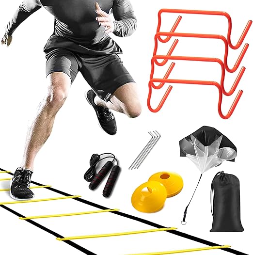 Football Agility Training Equipment,12 Agility ladders,4 Agility Hurdles,12 Disc Cones,Jump Rope,Resistance Parachute